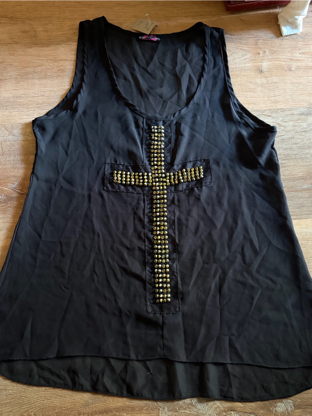 Body Central Y2K Black Sheer Top with Spiked Cross